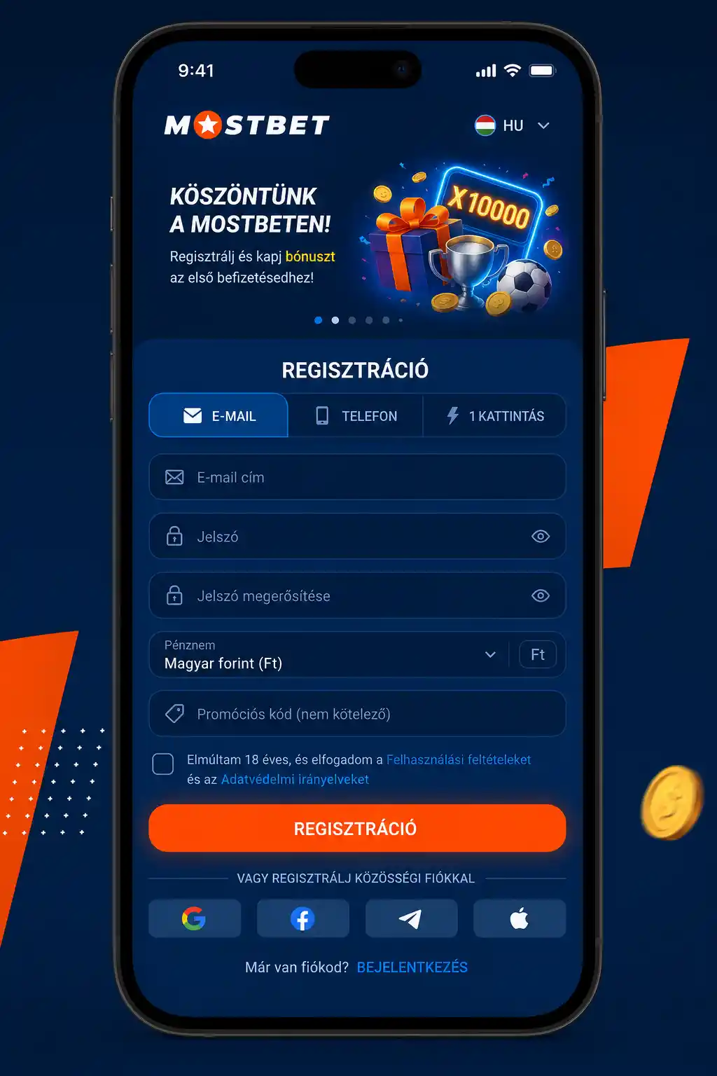 Mostbet mobilalkalmazás regisztrációs felülete okostelefonon, Ft pénznem kiválasztásával