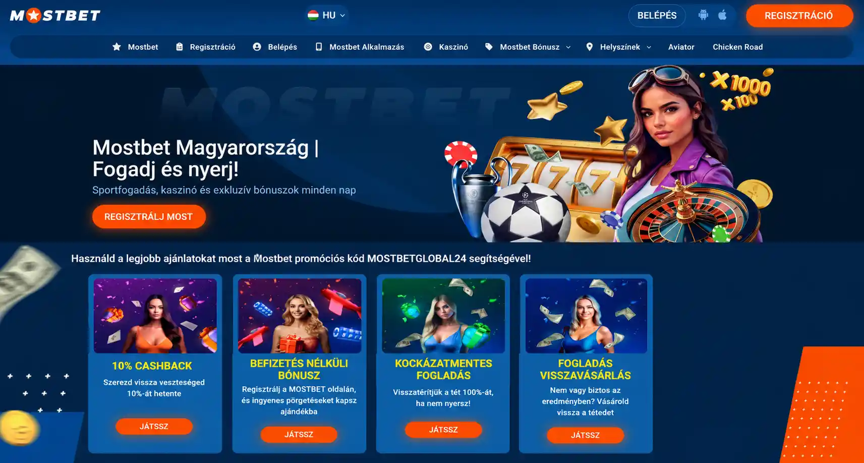 Mostbet weboldal főoldala magyar nyelvű felülettel, jobb felső sarokban a regisztráció gombbal