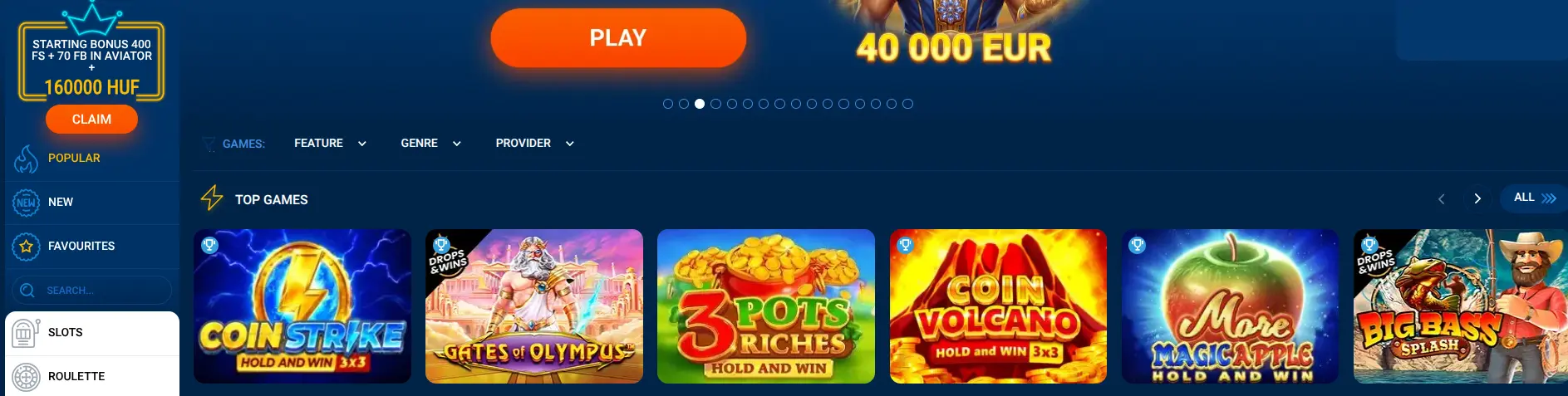 Mostbet kaszinó lobby a játékkategóriákkal és szűrőkkel
