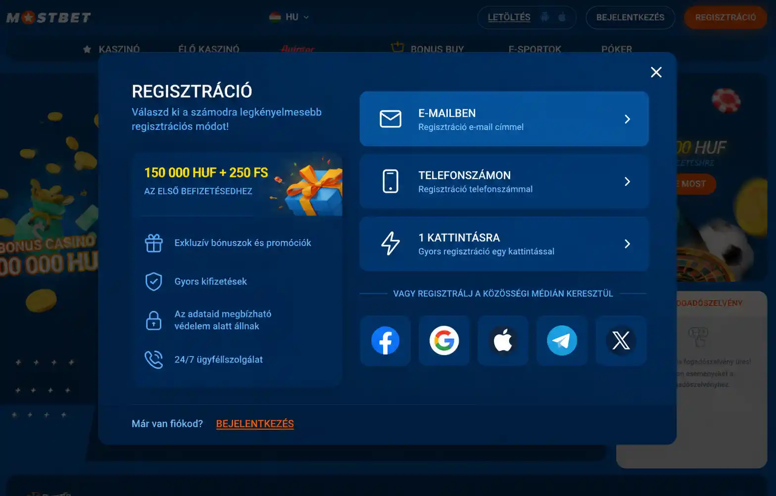 A négy regisztrációs módszer kiválasztó felülete a Mostbet regisztrációs űrlapon