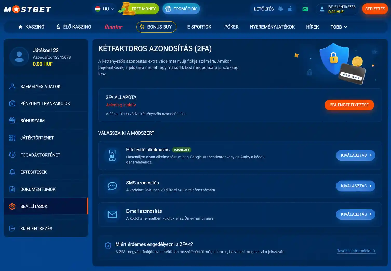 Kétlépcsős azonosítás beállítási felülete a Mostbet fiókbeállításokban